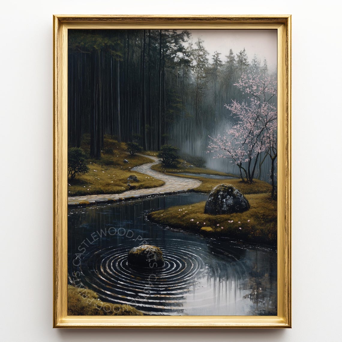 Tranquil Japanese Zen Garden Pond Ripples Spring Blossom Poster