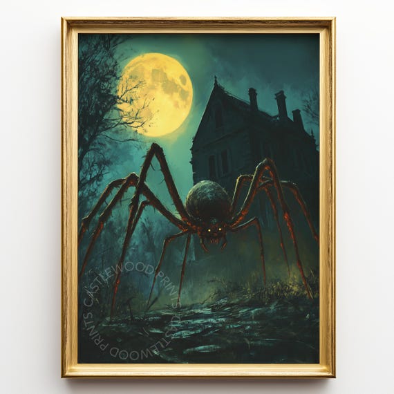 Haunted Moonlit Night Scene Gothic Spider Art Mysterious Old House Dark Halloween Decor Spooky Wall Vintage 174