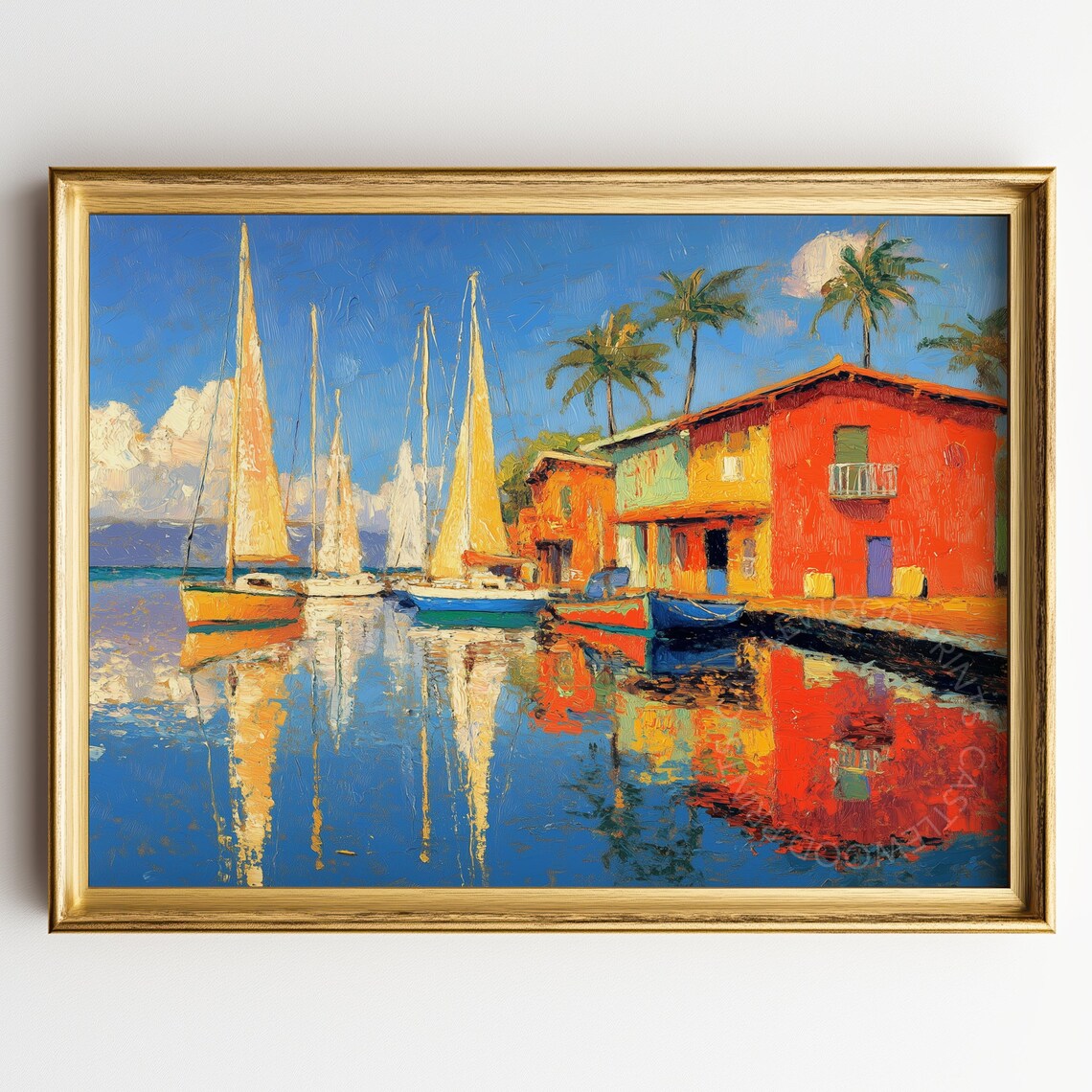 Sailboats At Vibrant Marina With Red Waterfront Houses Reflection Poster