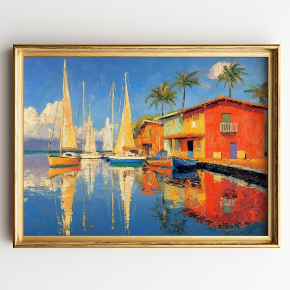 Sailboats At Vibrant Marina With Red Waterfront Houses Reflection Poster