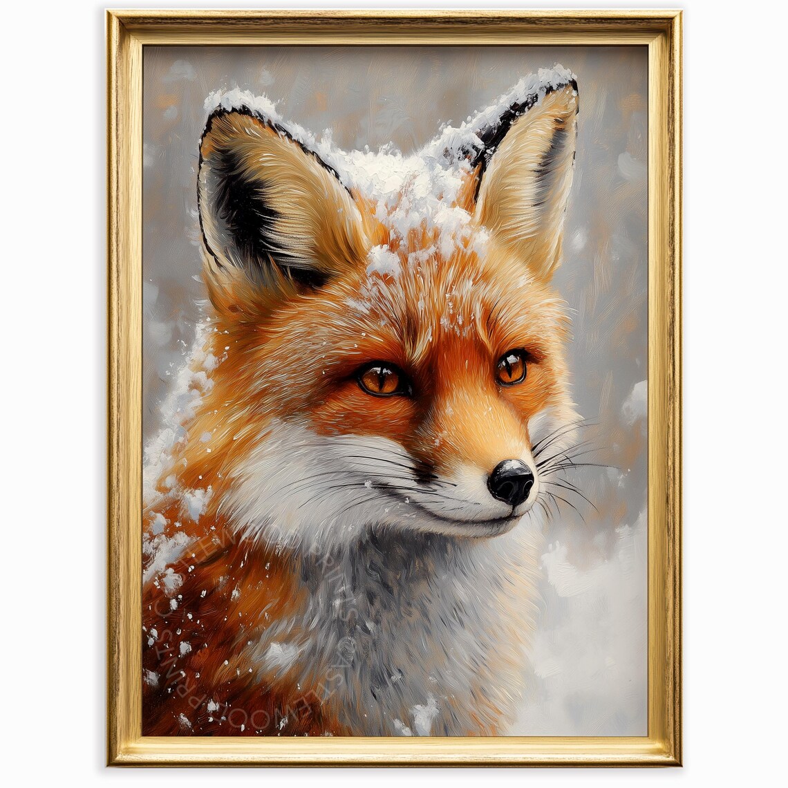 Red Fox Portrait In Falling Snow Winter Wildlife Painting Poster