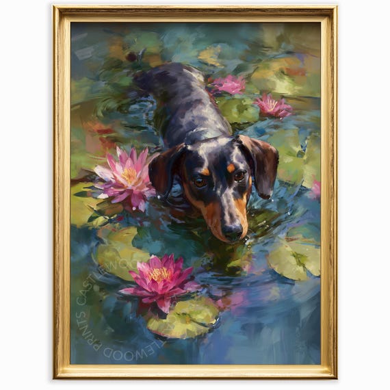 Dachshund Water Lily Pond Print Monet Style Dog Art