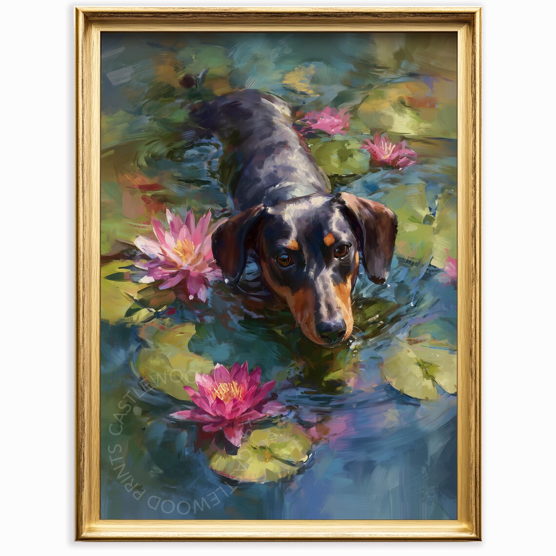 Black And Tan Dachshund Swimming Among Water Lilies Oil Painting Poster