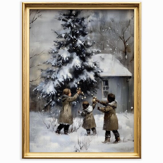 Children Decorating Snowy Outdoor Christmas Tree Vintage Winter Painting Poster