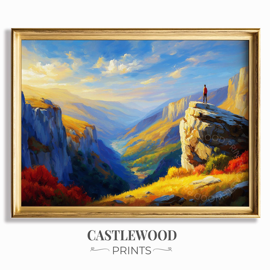 Hiker on Cliff Over Golden Autumn Canyon Vibrant Landscape Poster