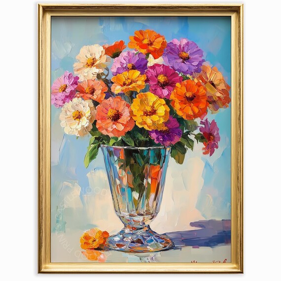 Bright Zinnias Bouquet In Crystal Vase Colorful Oil Painting Poster