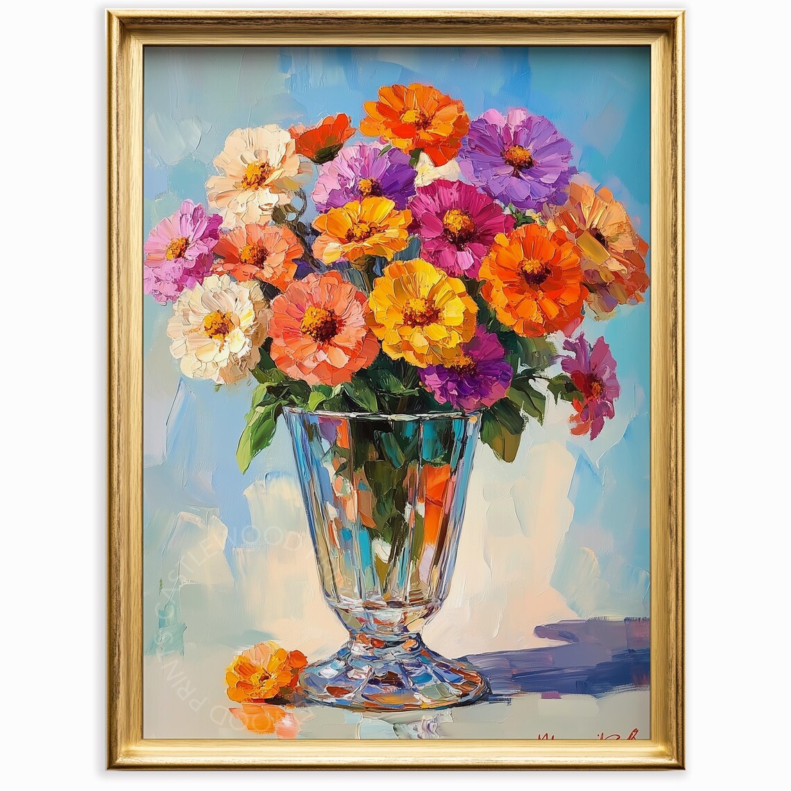Bright Zinnias Bouquet In Crystal Vase Colorful Oil Painting Poster
