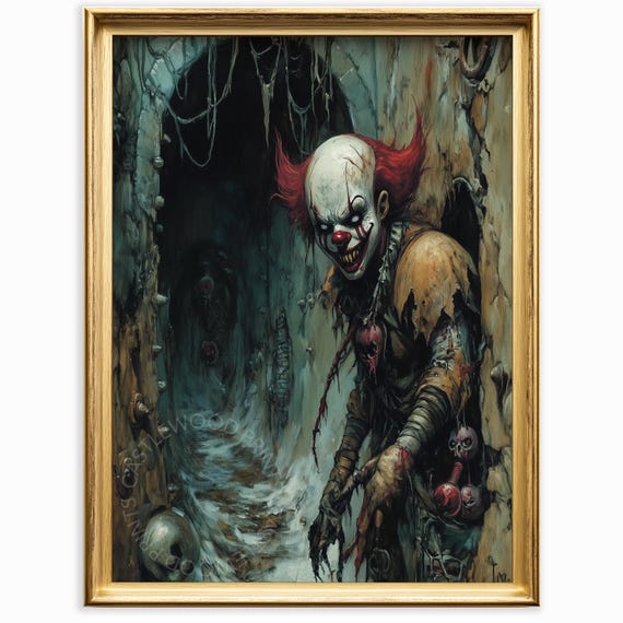 Creepy Clown Tunnel Scene Spooky Halloween Wall Art Atmospheric Gothic Decor Detailed Oil Painting Scary Print 1057