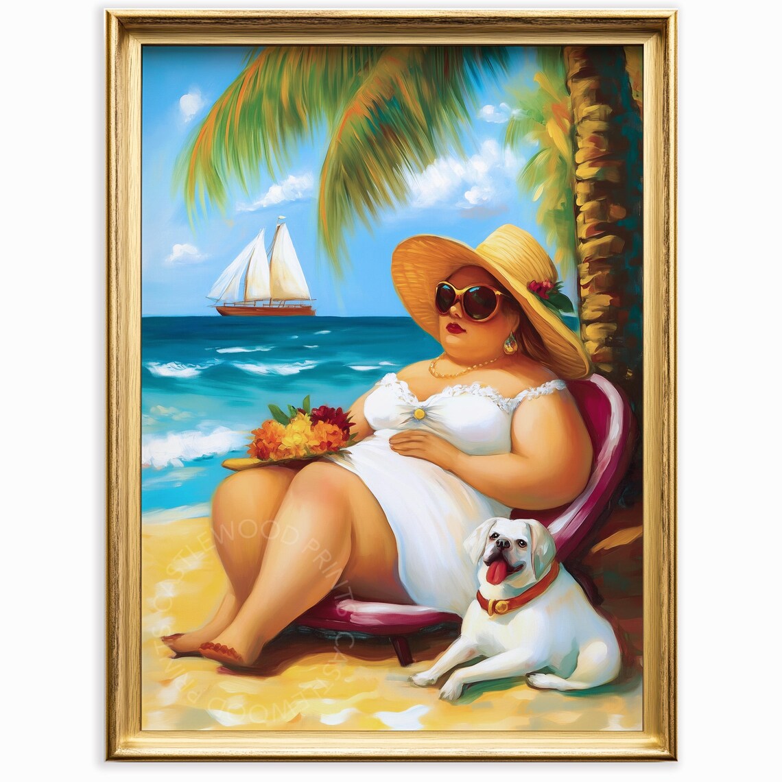 Tropical Beach Sunbathing Woman Dog Sailboat Summer Coastal Poster