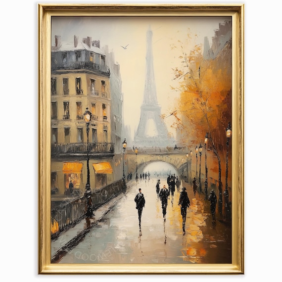 Autumn Paris Street with Eiffel Tower Rainy Evening Art Print