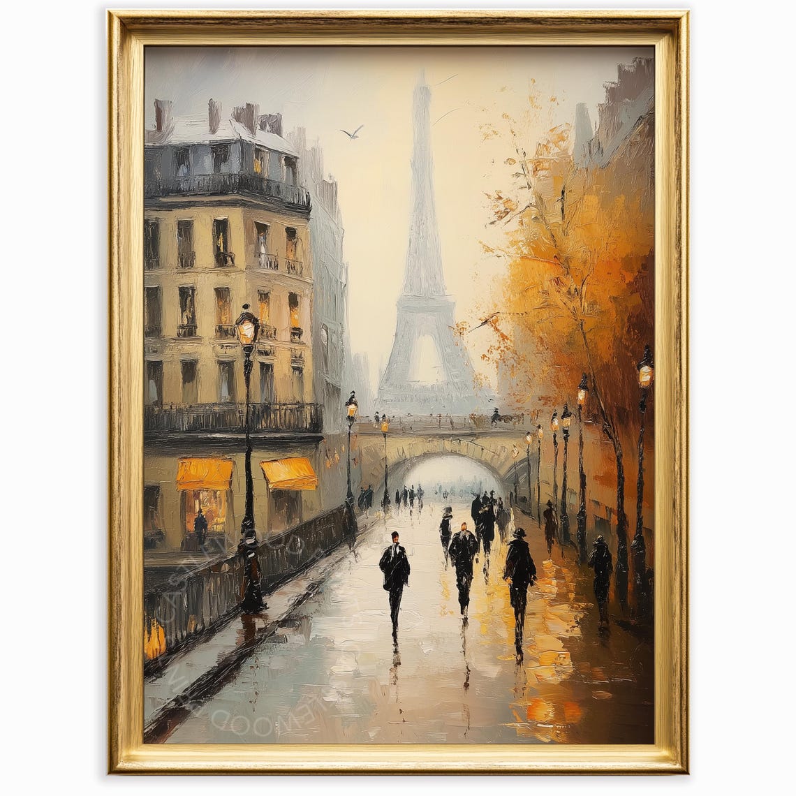 Autumn Paris Street with Eiffel Tower Rainy Evening Art Print