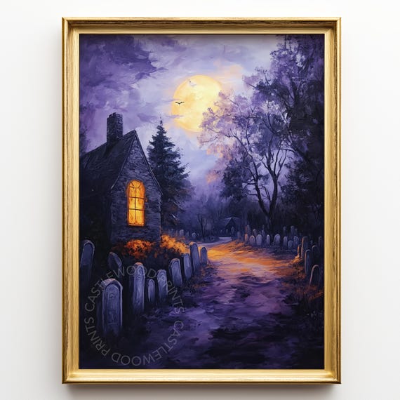 Spooky Moonlit Graveyard Painting Gothic Halloween Wall Art Night Ghostly Scene Eerie Cemetery Decor Dark Print 205