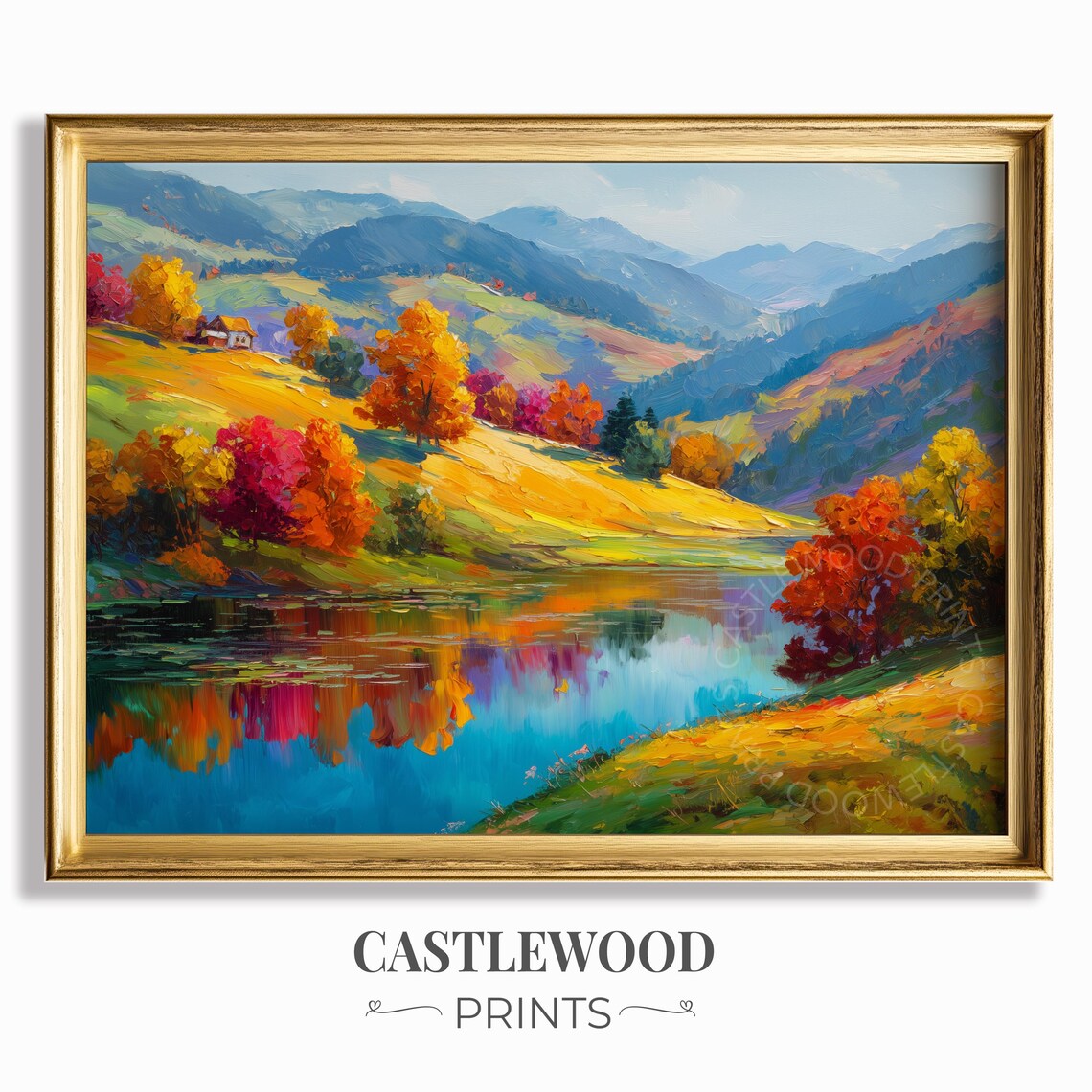 Autumn Hillside Lake Reflection Oil Painting Poster Vibrant Fall Landscape