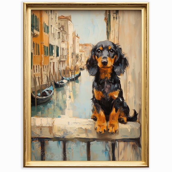 Cute Dachshund Puppy On Venetian Balcony Pet Wall Art Charming Dog Painting Soft Brushstrokes Vintage Decor Print 32