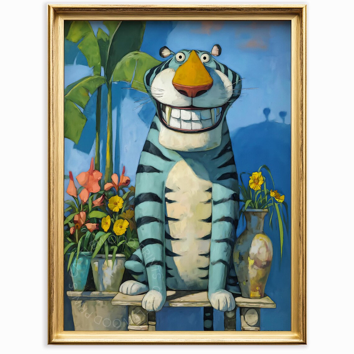 Smiling Blue Tiger Among Tropical Flowers Whimsical Jungle Art Poster