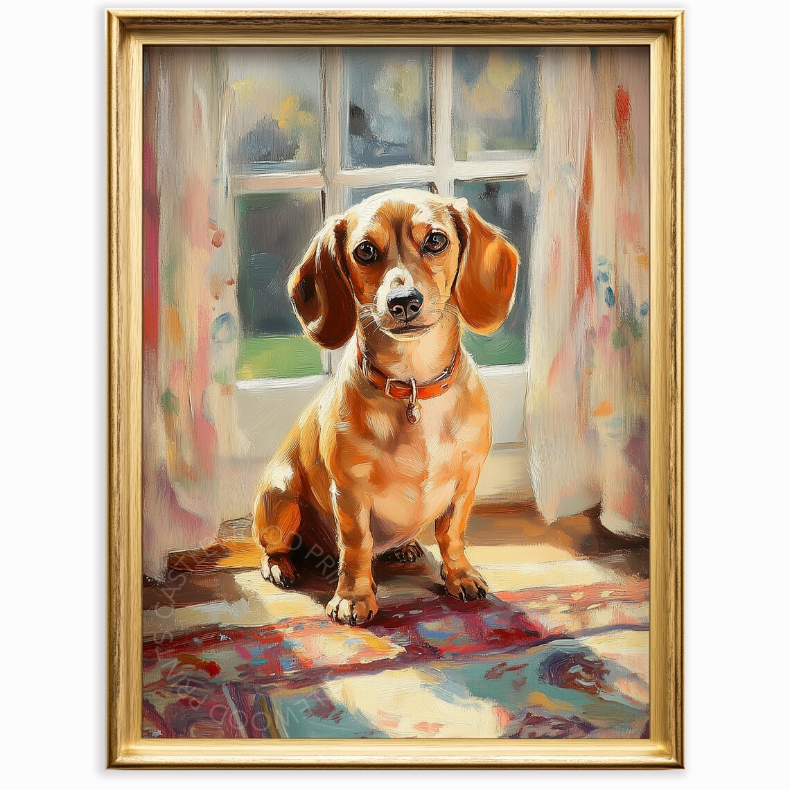 Sunlit Dachshund Portrait By A Window Charming Oil Painting Pet Poster