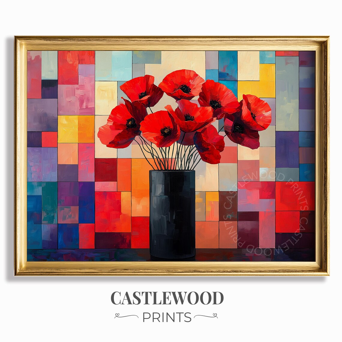 Red Poppies In Black Vase On Colorful Mosaic Geometric Backdrop Poster