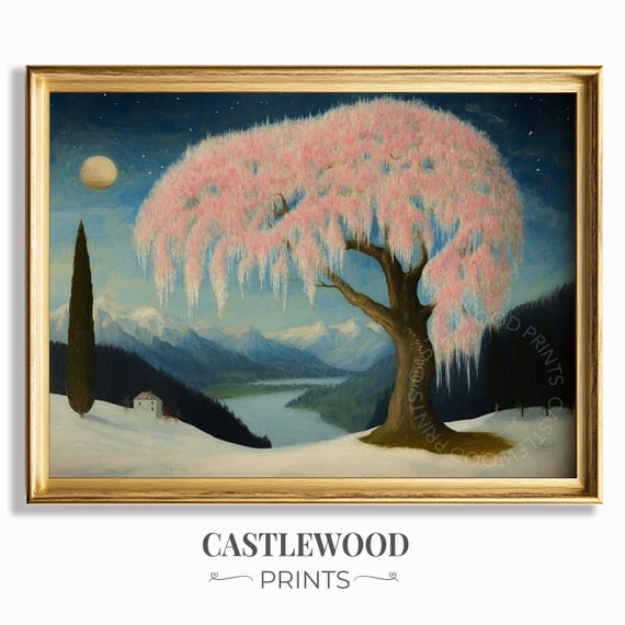 Vintage Winter Landscape Art Frosty Blossom Tree At Night Wall Wonderland Scene Moonlit Frozen 659
