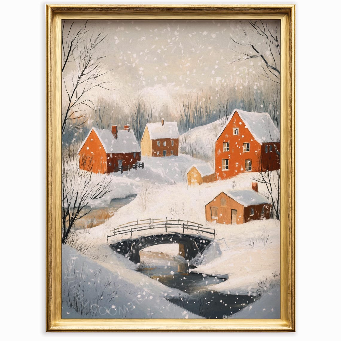 Falling Snow Over Red Houses Village With Stone Bridge Poster