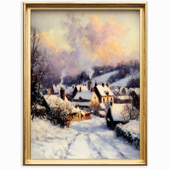 Snowy Village Cottages With Smoking Chimneys Vintage Christmas Painting Poster