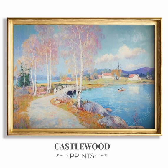 Autumn Birch Tree Lake Landscape Poster Cottage Bridge Windmill Rustic Scene