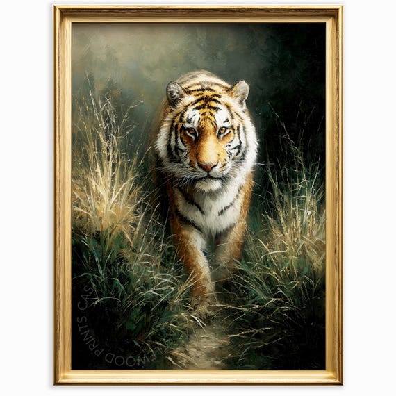Bengal Tiger In Jungle Scene Moody Oil Painting Wildlife Wall Art Rustic Nature Decor Soft Brush Strokes Print 971