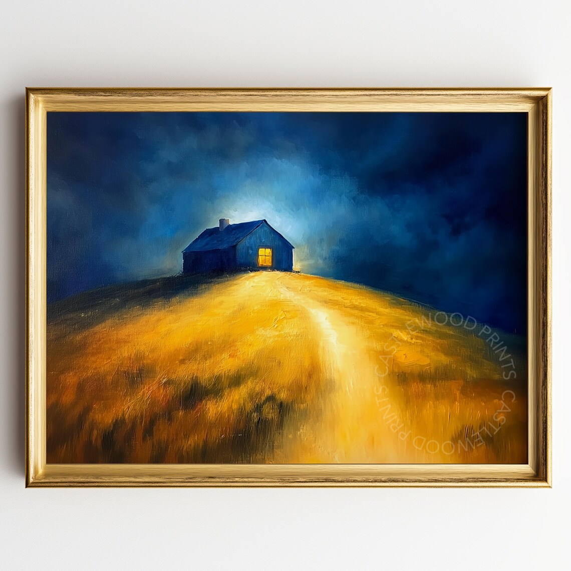 Glowing Farmhouse on a Moonlit Hill Moody Night Landscape Art Poster