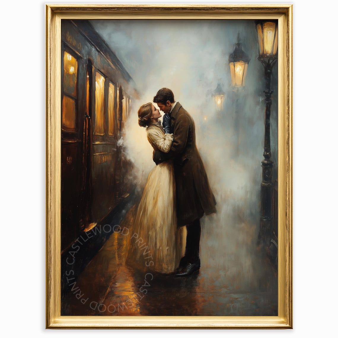 Victorian Lovers Reuniting on a Foggy Night Train Platform Art Print