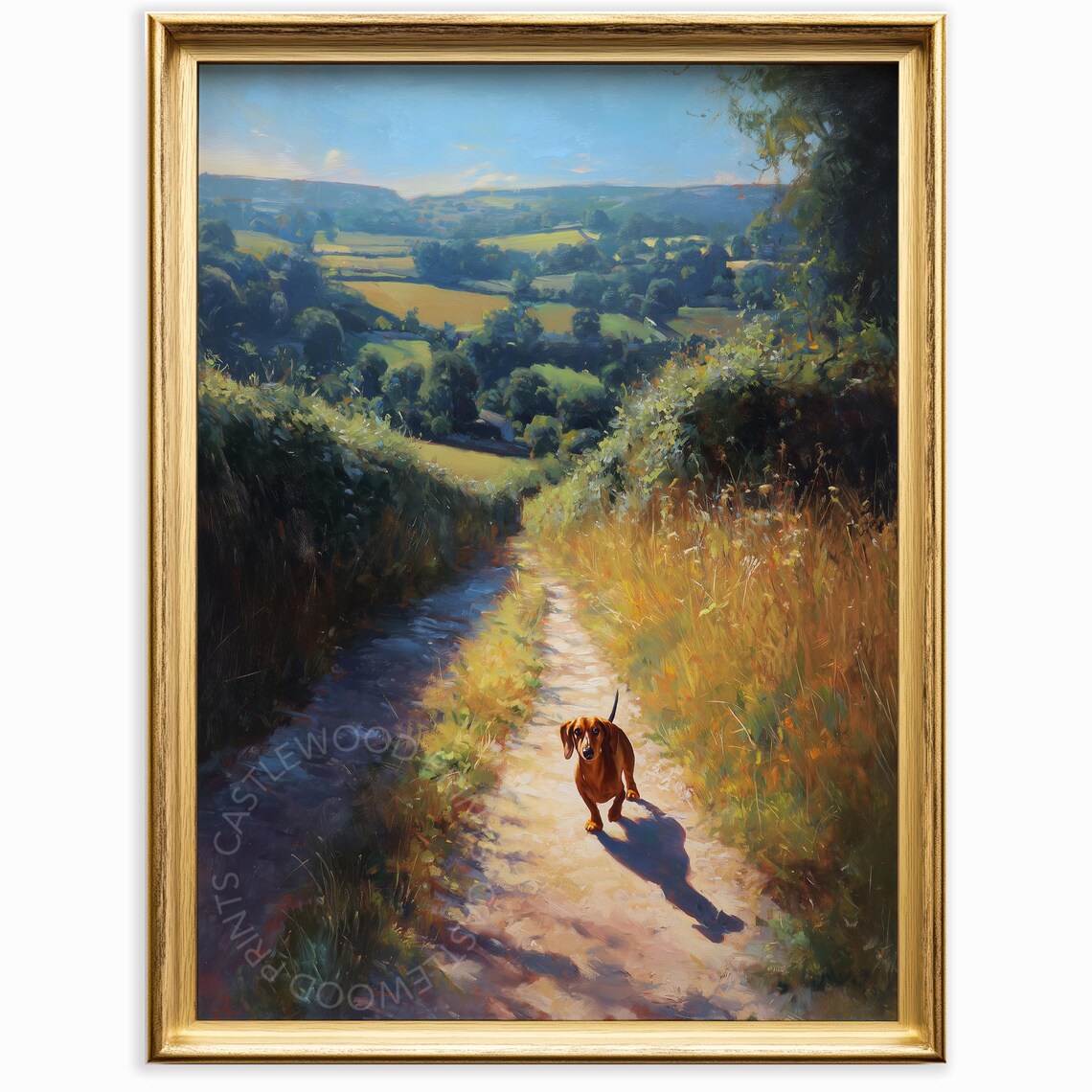 Dachshund Walking A Countryside Path Overlooking A Green Valley Poster