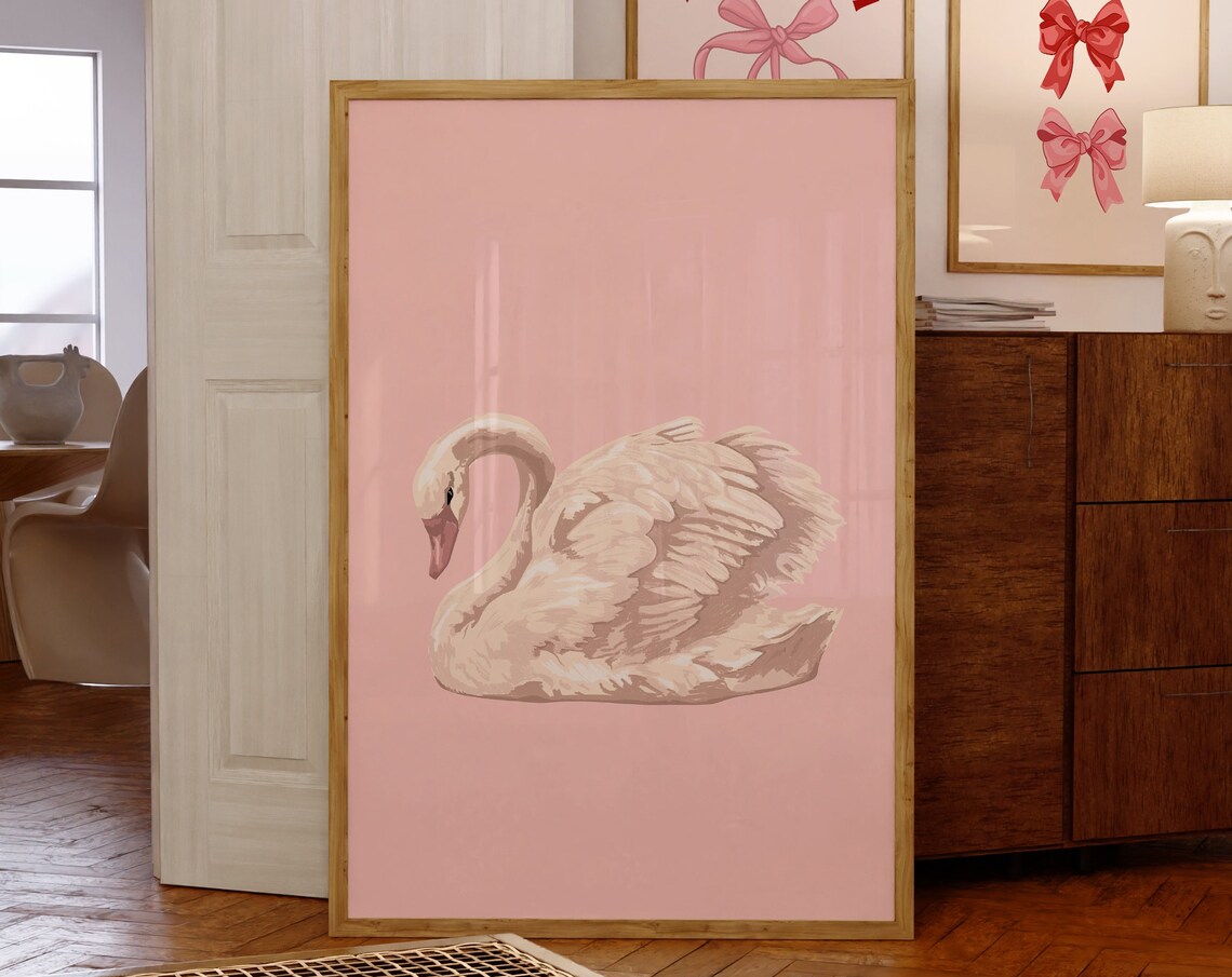 Swan Vintage Wall Art Poster, Soft Pink Decor