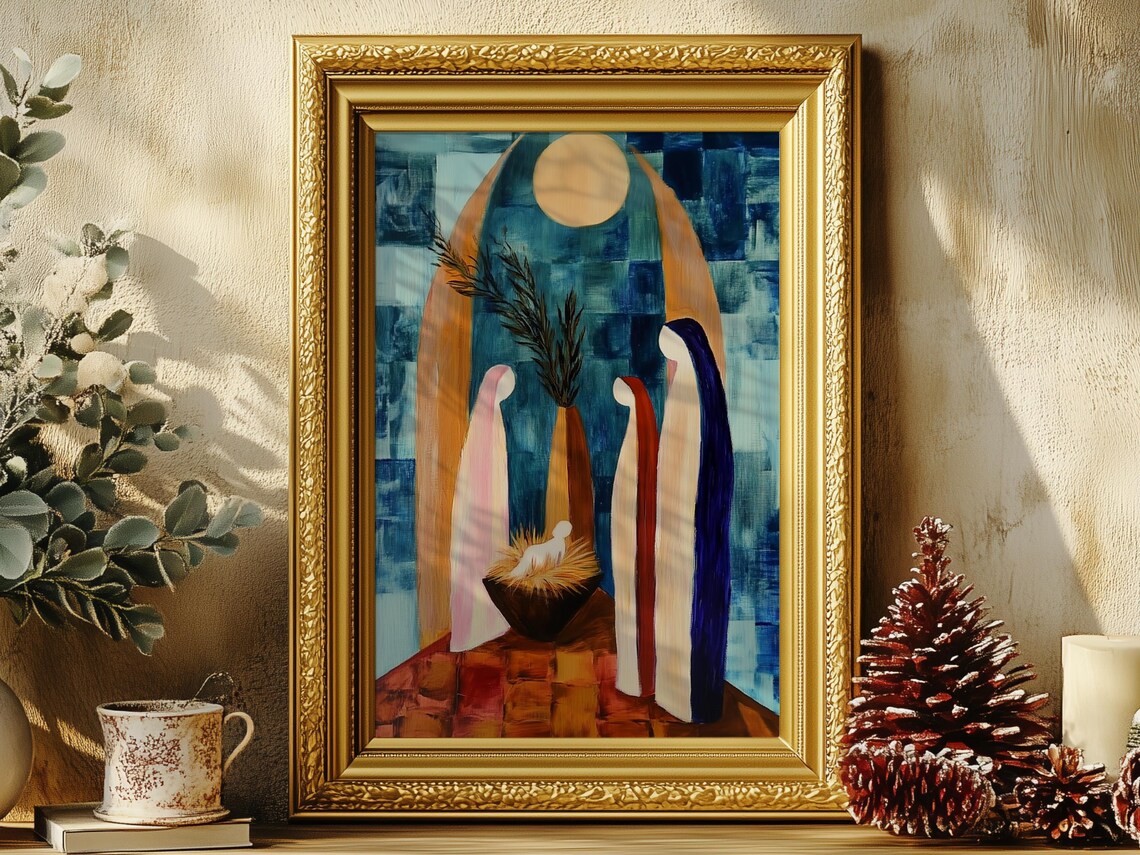 Abstract Nativity Holy Family Manger Modern Blue Gold Art Poster - Image 2