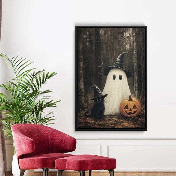 Vintage Halloween Canvas Wall Art Cute And Black Cat Print Dark Academia Decor Spooky Forest Decoration
