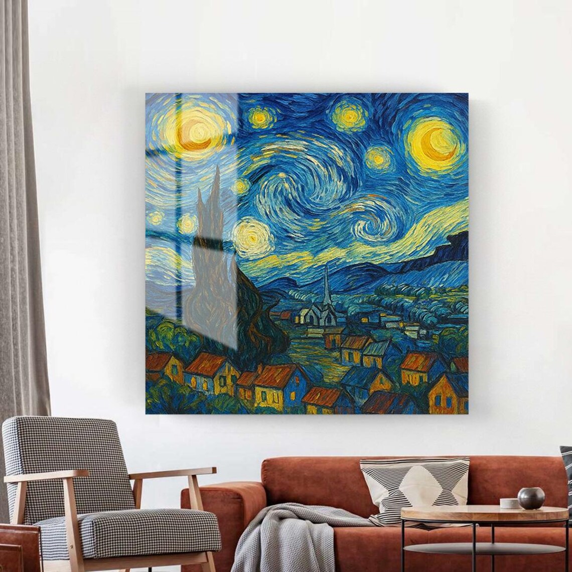 Starry Night Village Swirling Sky Van Gogh Style Glass Art Poster