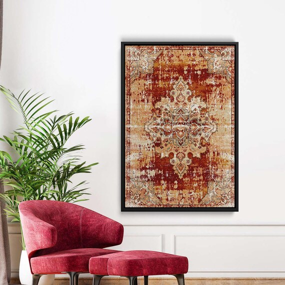 Orange Distressed Persian Rug Canvas Vintage Medallion Wall Art