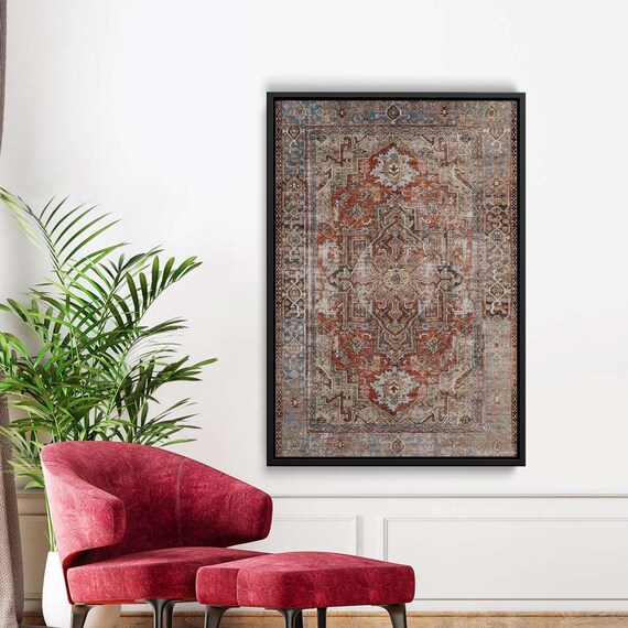 Blue And Rust Persian Rug Canvas Distressed Medallion Wall Art