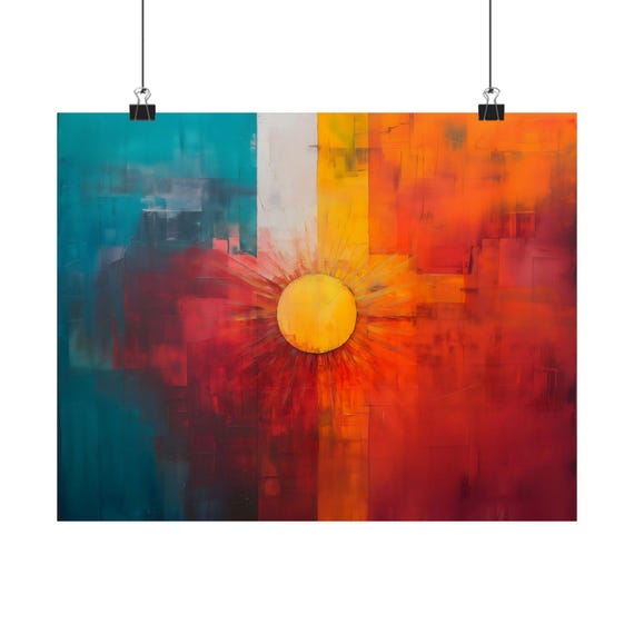 Vintage Geometric Sun Poster Print Landscape Modern Painting Outdoor Nature Rustic Bright Wall Print Airbnb Art Wall Decor