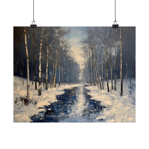 Winter Mountain River Flowing Through Snowy Birch Forest In Blue Tones Print