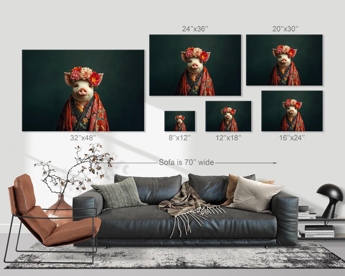 Pig In Floral Crown And Red Kimono Robe Dark Portrait Poster - Image 3