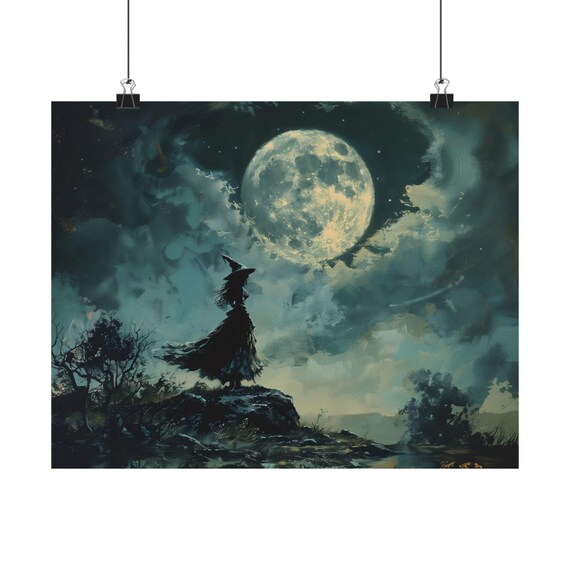 Witch Silhouette Standing Before A Huge Moon Stormy Night Poster
