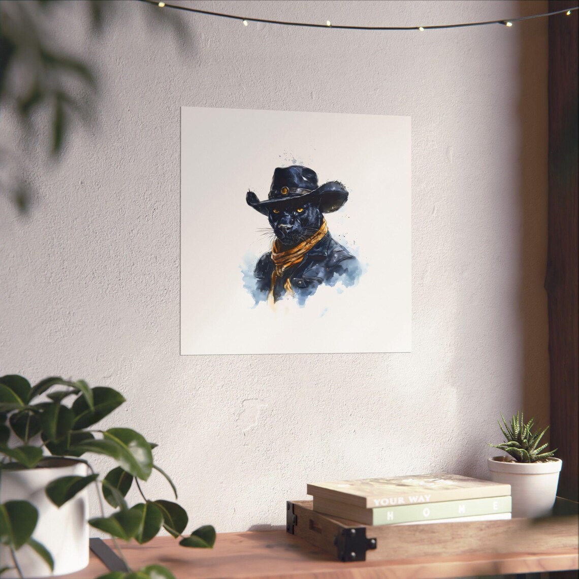 Black Panther Cowboy Hat Watercolor Western Wildlife Portrait Poster
