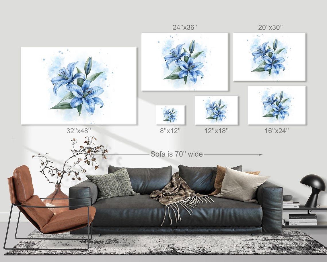 Blue Lily Watercolor Two Blooms Bud Minimalist Botanical Print - Image 3