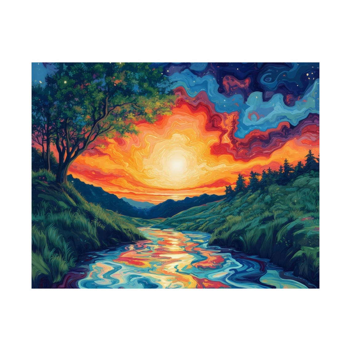 Fiery Psychedelic Sunrise Over Winding River Valley Swirls Poster - Image 3