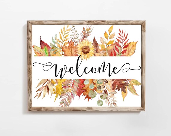 Welcome Fall Leaves Watercolor Sunflower Autumn Entryway Sign Poster