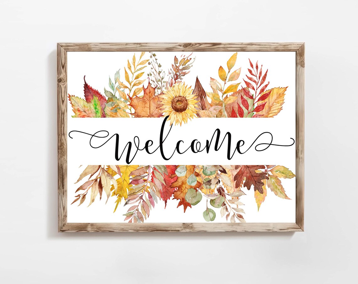 Welcome Fall Leaves Watercolor Sunflower Autumn Entryway Sign Poster