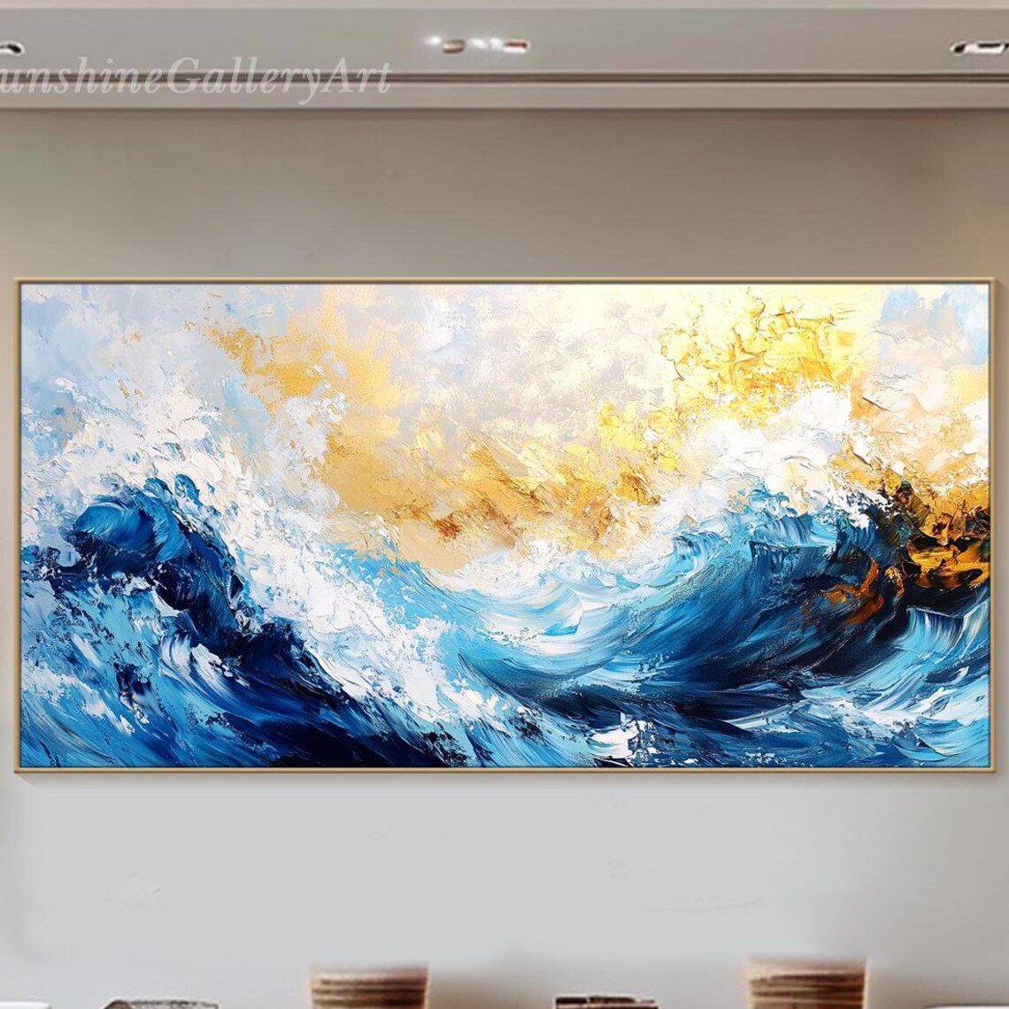 Dramatic Ocean Waves Oil Painting Deep Blue Sea Golden Clouds Panoramic Wall Poster
