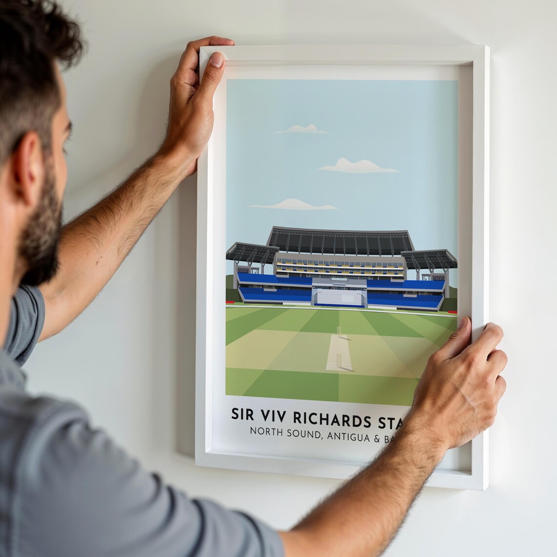 Antigua Barbuda Cricket Stadium Art Print, Travel Illustration