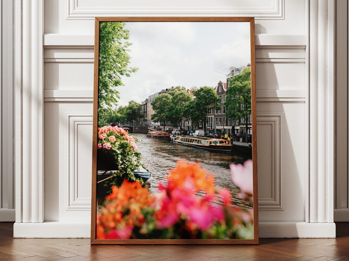 Amsterdam Canal Boats Spring Flowers Photography Travel Poster