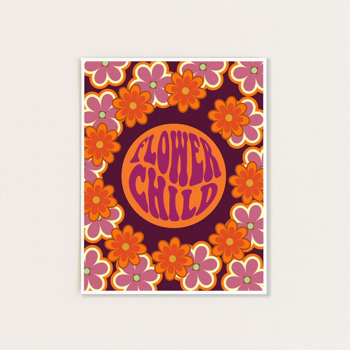 Flower Child Deep Plum Purple Floral Medallion Typography Poster
