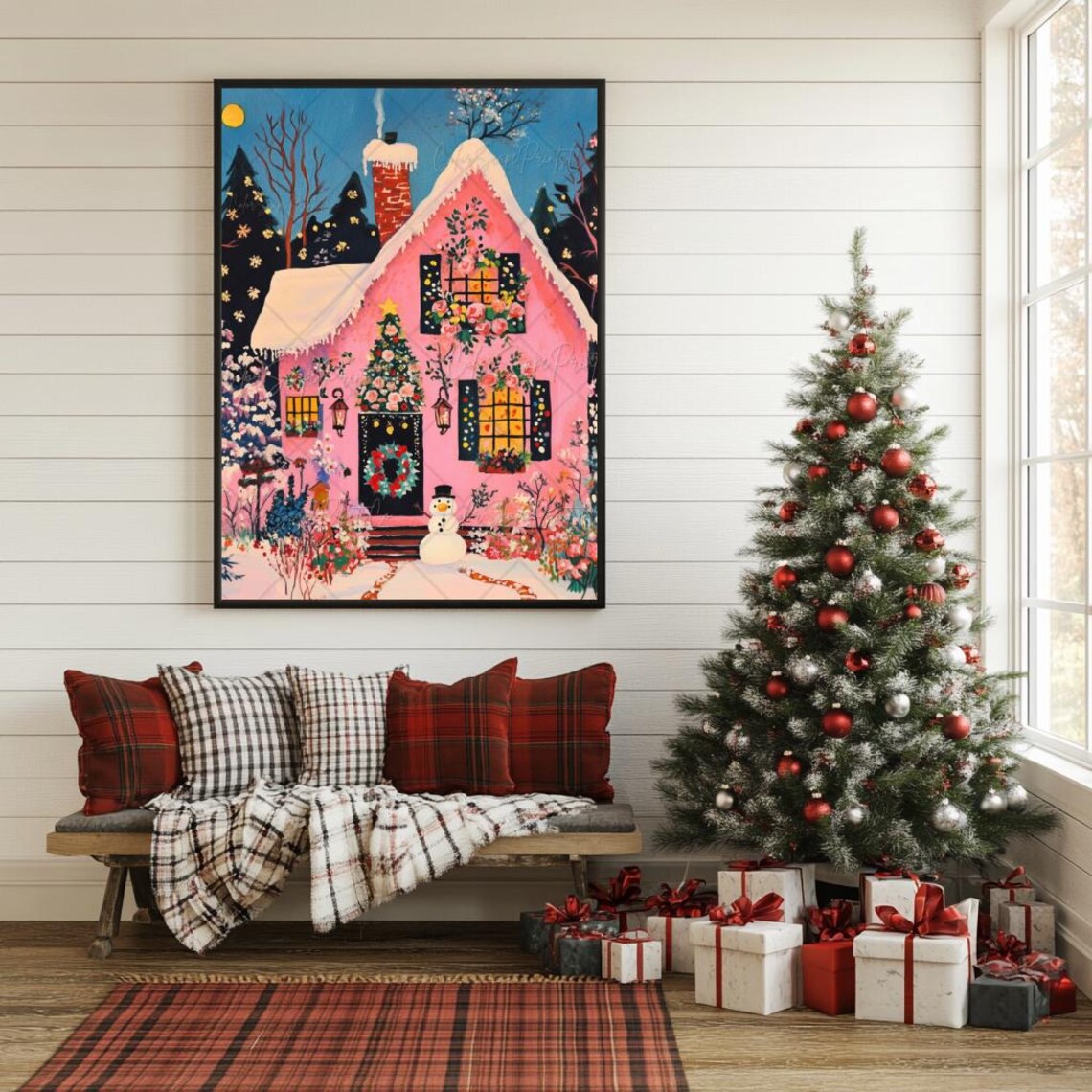 Pink Christmas House Art Print, Winter Village Decor - Image 2