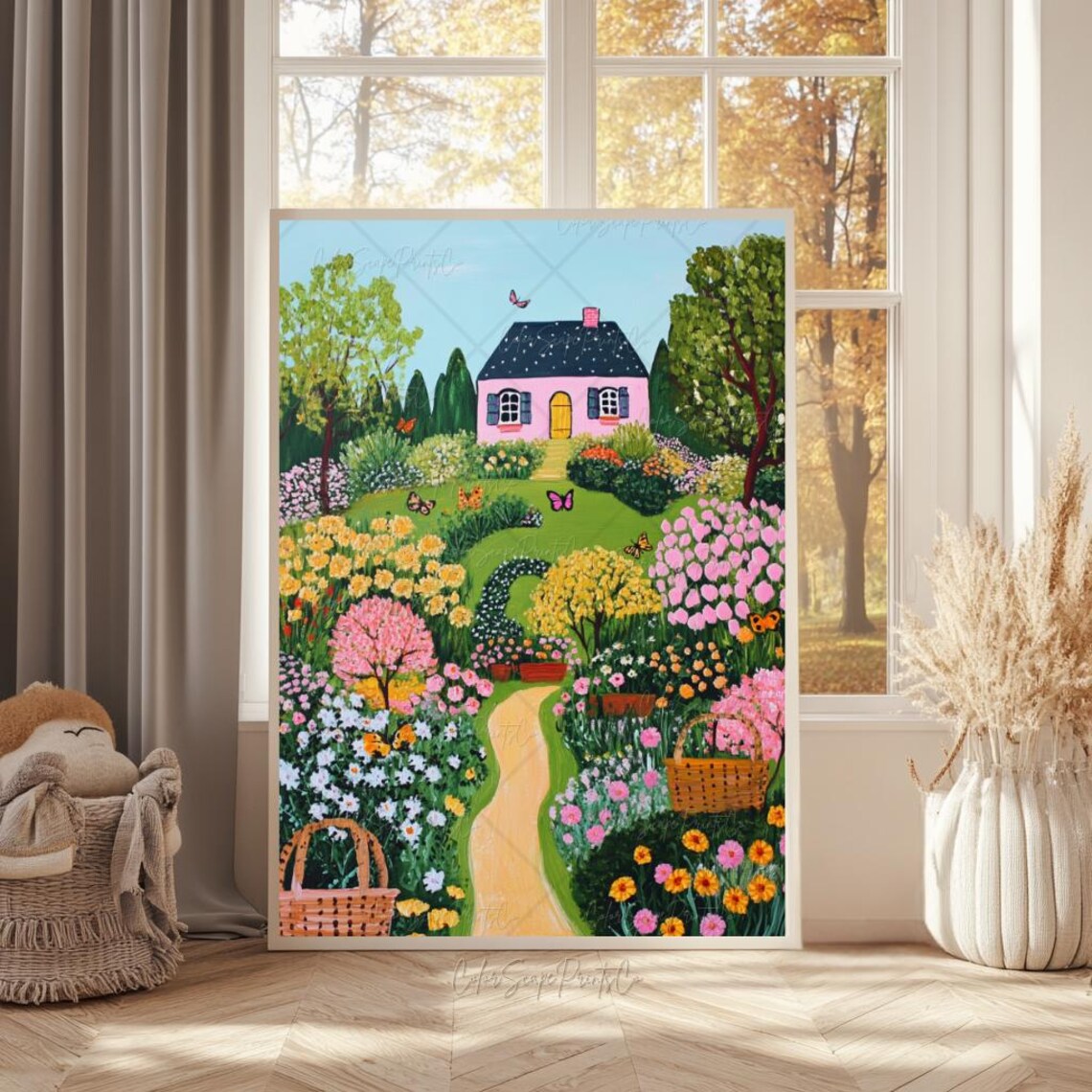 Pink Cottage Blooming Flower Garden Butterflies Spring Folk Art Poster - Image 3